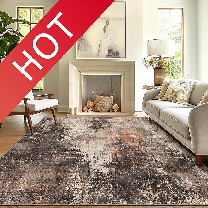 GENIMO Washable Area Rugs for Living Room, 10x14 Vintage Non Slip Rugs, Low Pile Lightweight Soft Print Rug for Bedroom, Dining Room, Home Office, Brown Orange