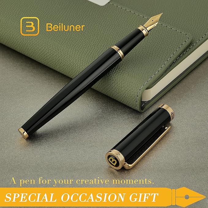 BEILUNER Black Fountain Pen,Stunning Luxury Pens with 24K Gold Accents, Gorgeous 24K Gilded Nib(Extra Fine), Fancy Pen Gift for Men&Women -Ink Converter-Elegant, Reliable,Christmas Presents, Nice Pen