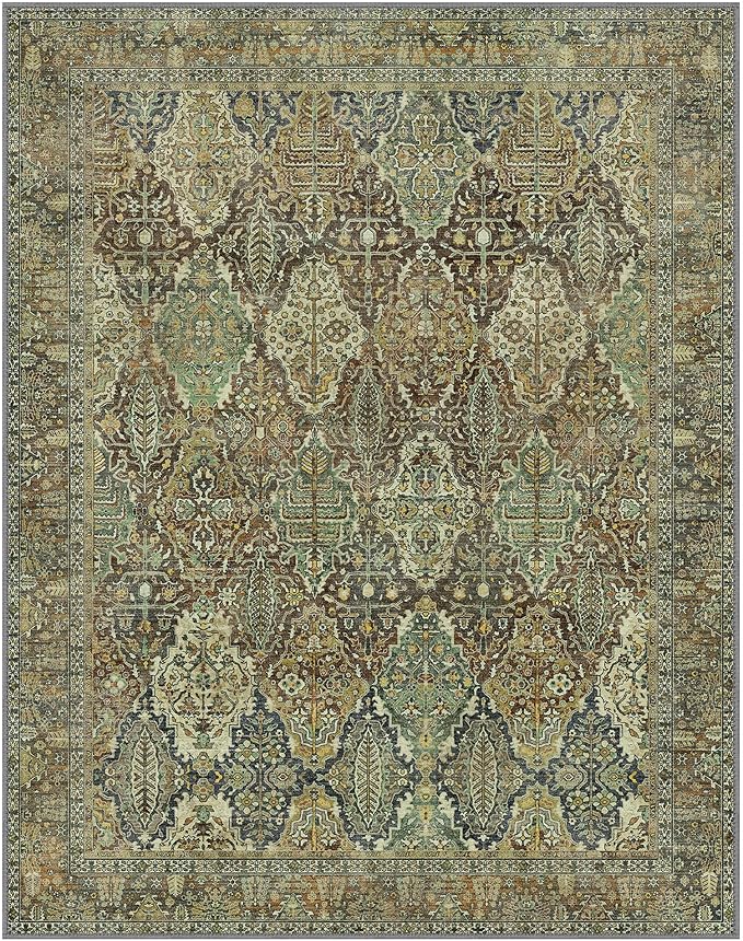 GENIMO 3x5 Area Rugs for Living Room, Machine Washable Non Slip Vintage Rugs, Low Pile Lightweight Chenille Print Rug for Bedroom, Dining Room, Home Office, Bronze Olive