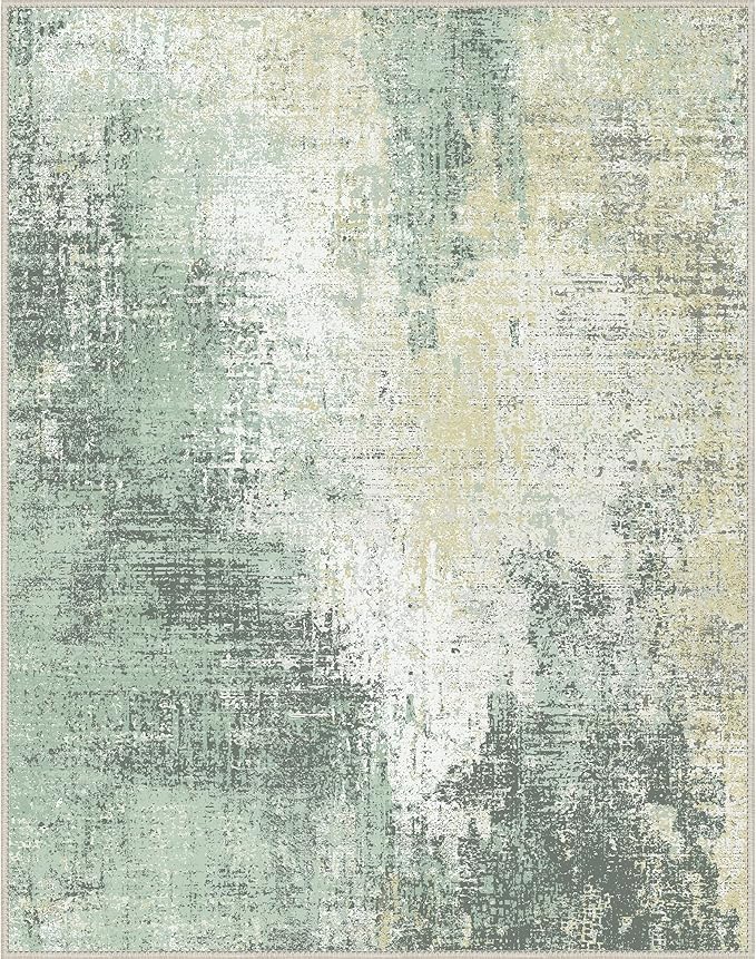 GENIMO Washable Area Rugs for Living Room, 8x10 Modern Non Slip Rugs, Low Pile Lightweight Soft Print Rug for Bedroom, Dining Room, Home Office, Washed Cream Green