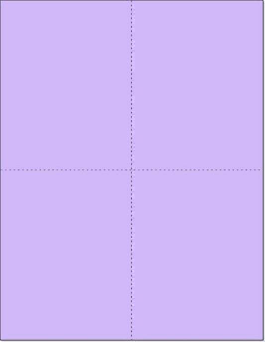 Limited Papers (TM) 8.5x11 Perforated Paper, 20/50 Pound, 75 GSM, Variety of Perforation Sizes and Colors, for Forms, Tickets, Postcards, Business Cards. (Lavender/orchid, 4 up – 1 Hor. & 1 Ver.)