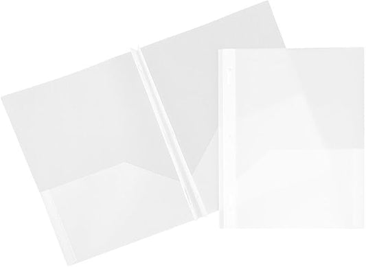 JAM PAPER Plastic 2 Pocket POP Folders - Durable School Folders with Metal Prongs Fastener Clasps - Clear - Bulk 48/Pack