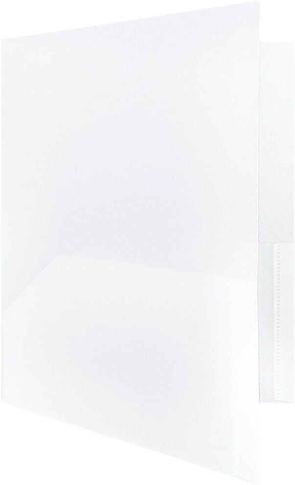 JAM PAPER Plastic 2 Pocket POP Folders - Durable School Folders with Metal Prongs Fastener Clasps - Clear - Bulk 48/Pack