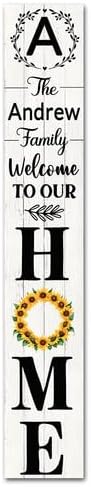 SRongmao Welcome To Our Home Porch Sign Personalized Welcome Sign for Front Door Custom Family Name Signs Standing Vertical Rustic Farmhouse Sunflower Wreaths Decor for Front Door Wall Decor