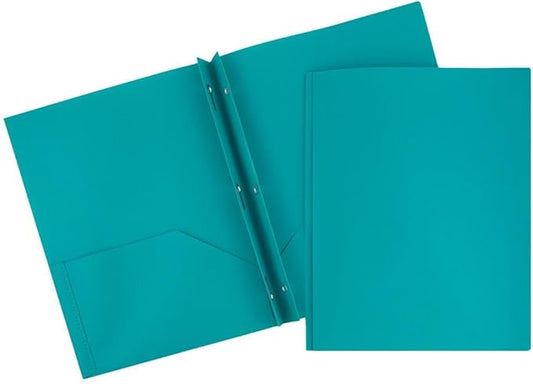 JAM PAPER Plastic Color Pop Folders - 2 Pocket Durable Folders with Metal Prongs Fastener Clasps - Teal Blue - 3/Pack