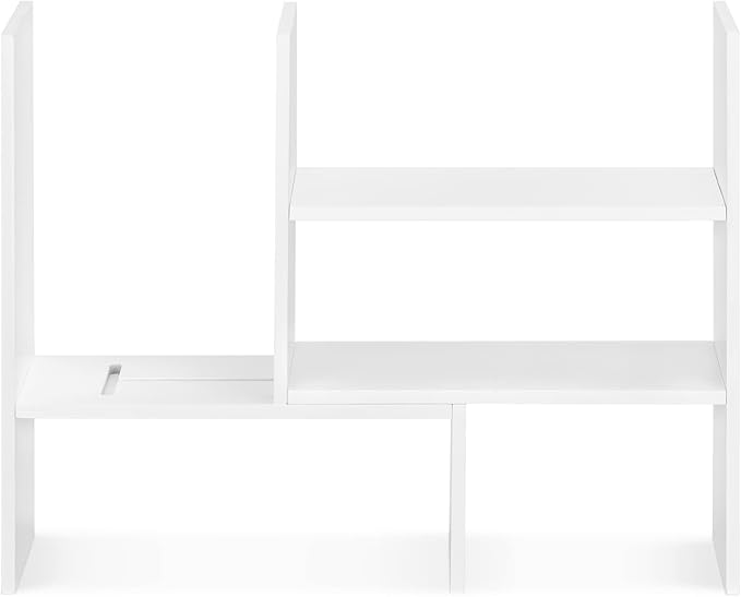 Navaris Desk Organizer Shelf Unit - Desktop Shelves for Table or Countertop - Free-Standing Adjustable Bamboo Shelving for Kitchen or Office - White