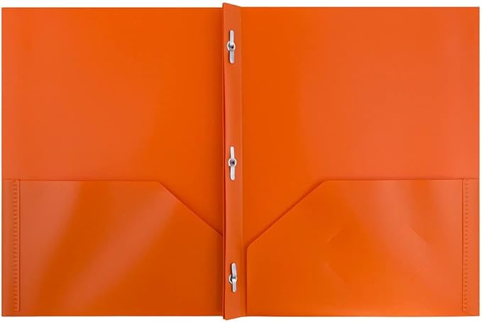 JAM PAPER Plastic Color POP Folders - 2 Pocket Durable Folders with Metal Prongs Fastener Clasps - Orange - 6/Pack