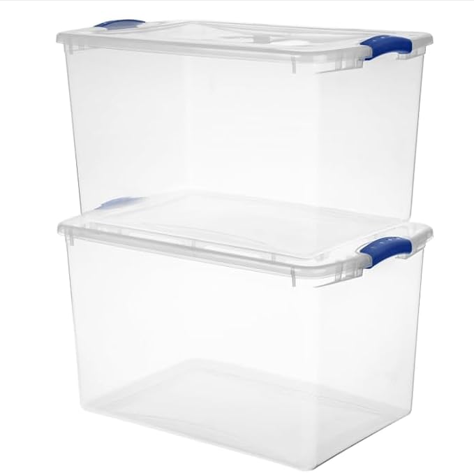 2 Pack 66 Quart (62.4L) Heavy-Large Clear Plastic Storage Bins with Locking Blue Latch Lids – Stackable & Airtight Containers for Garage, Closet & Basement, Ideal for Bulky Items, Clothing
