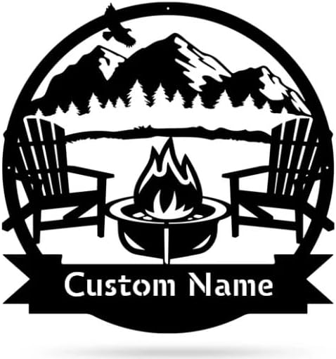 RealSteel Personalized Mountain Campfire Monogram Metal Sign – Custom Family Name Rustic Wall Art for Cabin, Campground, RV & Backyard Fire Pit – Outdoor Camping Décor – Unique Personalized Gift – USA