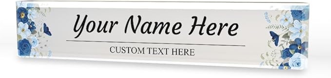 Signs ByLITA Floral Pattern Customized Nameplate | Indigo Blooms Personalized Full Color Acrylic Desk Sign