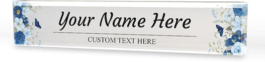 Signs ByLITA Floral Pattern Customized Nameplate | Indigo Blooms Personalized Full Color Acrylic Desk Sign