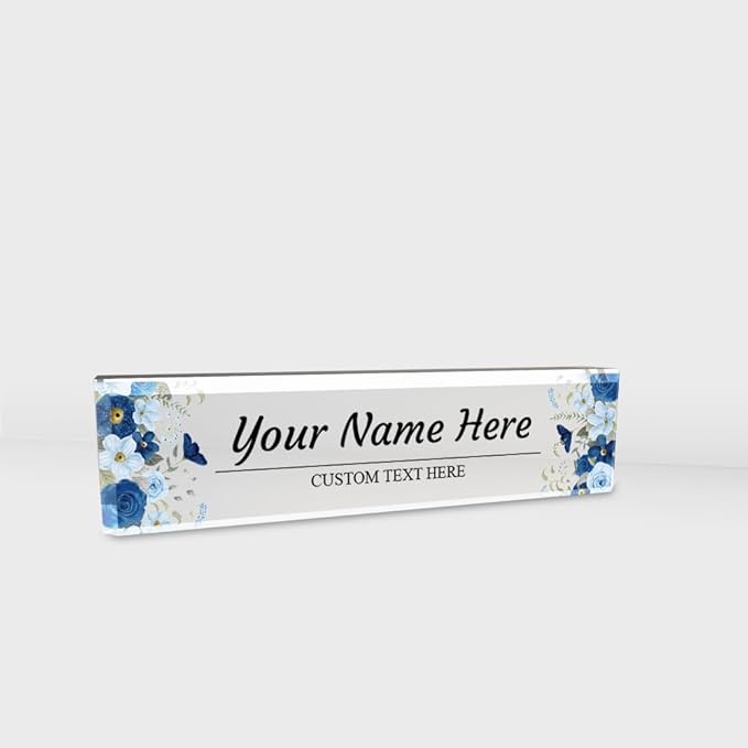 Signs ByLITA Floral Pattern Customized Nameplate | Indigo Blooms Personalized Full Color Acrylic Desk Sign