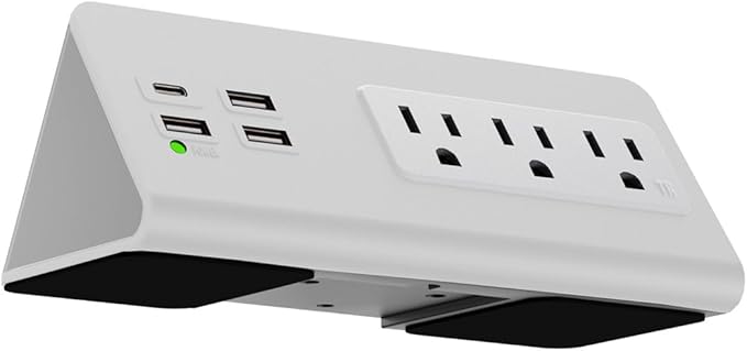 Kable Kontrol Desk Clamp Power Strip with USB-C Port, Nightstand Charging Station, 3 AC Outlets, 3 USB-A Ports, Fast Charger, Easy Installation for Home, Offices, Hotels – 4.9 Ft, White, 1 Pc