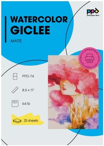 PPD Watercolor Printer & Printable Fine Art Paper for Inkjet Printer, Textured Giclee Archival Acid Free Paper 8.5 x 11, Professional Grade, Heavyweight 240 gsm/64 lb (25 Sheets)`