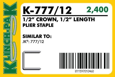 Klinch-Pak K-777/12, 1/2" Leg x 1/2" Wide Crown Heavy-Duty Galvanized Plier Staples, 2400 Per Package, for stapling Trays, Lids, Bags, Header Cards, Fastening End Caps and Container Inserts
