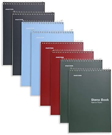Mintra Office Steno Books (Poly Steno 8pk (Arctic Ice, Green Olive, Charcoal), Narrow Ruled) - Poly Cover, 6" x 9", 100 sheets for Writing Notes for school, office, work, 6x9 steno notepad, top bound spiral (8 PACK)