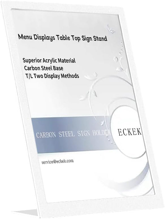 ECKEK Carbon Steel Sign Holder, Slanted Menu Displays, Table Top Sign Stand (L Shape White A5 148×210mm/ 5.83×8.27 inches)