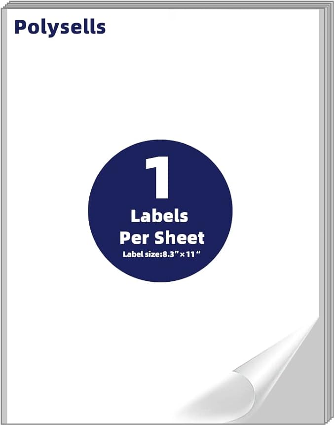 POLYSELLS Self Adhesive Address Shipping Labels, White Sticker FBA Labels (100 Sheets, 8.5" x 11" (1UP, Full Sheet))