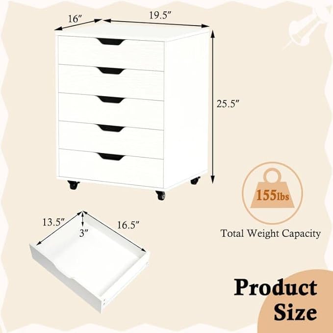Giantex 5-Drawer Mobile Storage Cabinet with Wheels - Rolling Lateral Filing Under Desk Chest of Drawers, 19.5" x 16" x 25.5" Office Cabinet for Living Room, Study