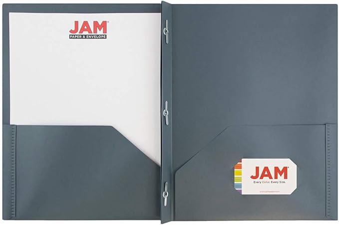 JAM PAPER Plastic Color POP Folders - 2 Pocket Durable Folders with Metal Prongs Fastener Clasps - Grey - 6/Pack