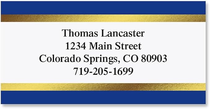 Blue and Gold Foil Border Return Address Labels - Set of 144 1-1/8" x 2-1/4" Self-Adhesive, Flat-Sheet Labels
