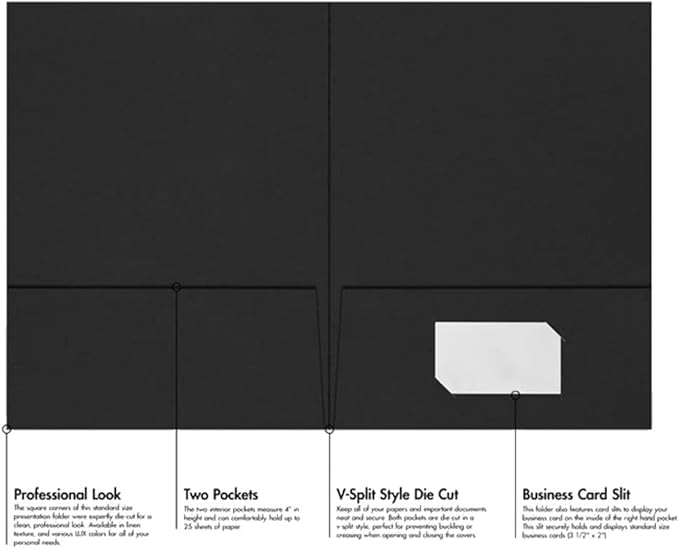 LUXPaper 9" x 12" Presentation Folders | Two Pocket | Midnight Black | 100lb. Cover | 100 Qty