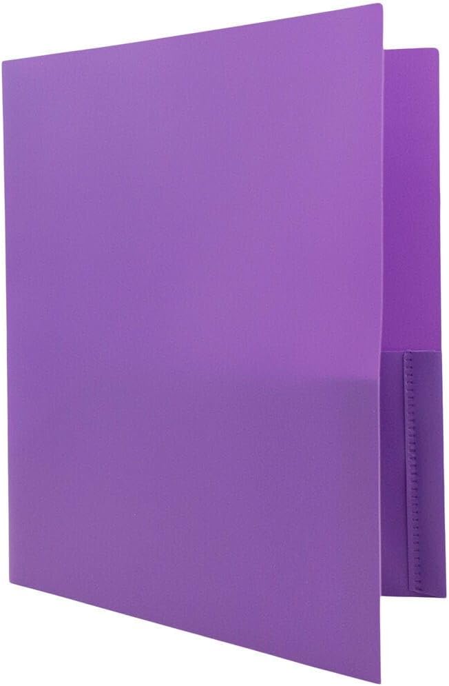 JAM PAPER Plastic Color Pop Folders - 2 Pocket Durable Folders with Metal Prongs Fastener Clasps - Purple - 3/Pack