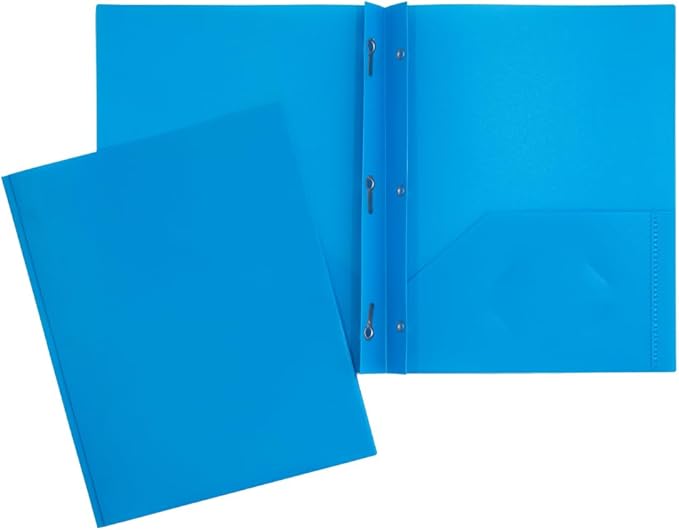 JAM PAPER Plastic Color POP Folders - 2 Pocket Durable Folders with Metal Prongs Fastener Clasps - Blue - 6/Pack