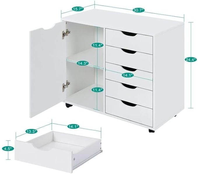 Naomi Home Amy 5-Drawer Craft & Office Storage Cabinet with Shelf, – Rolling Organizer with Pull-Out Door, Adjustable Shelves for Versatile Use, 15.7" D x 18.9" W x 32.2" H