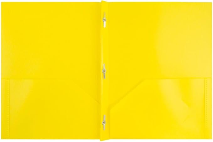 JAM PAPER Plastic 2 Pocket POP Folders - Durable School Folders with Metal Prongs Fastener Clasps - Yellow - Bulk 48/Pack