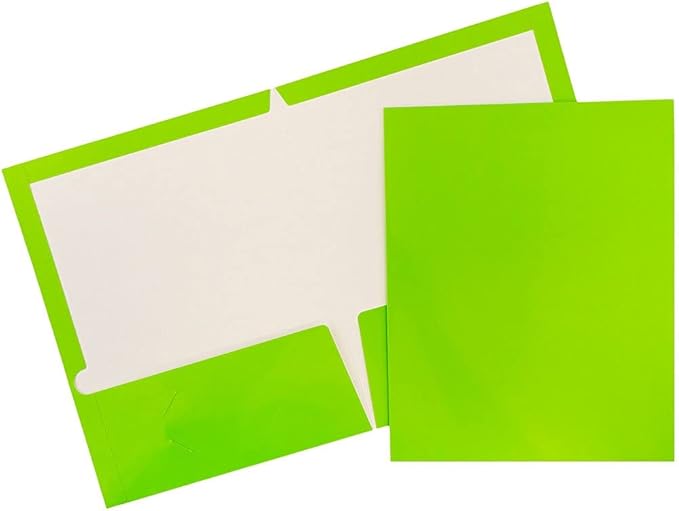 JAM PAPER Laminated Two Pocket Glossy School Folders - Letter Size - High Gloss Lime Green - 6/Pack
