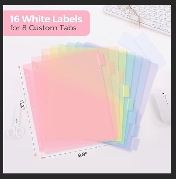 SKYDUE Pastel Binder Dividers with Tabs and Pockets - Soft Plastic Dividers for 3 Ring Binder, Includes 16 Blank Index Labels, for School & Office Organization, Pink