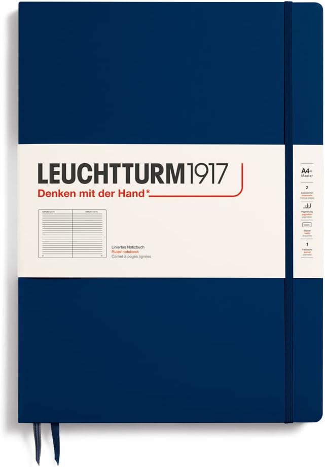 LEUCHTTURM1917 - Notebook Hardcover Master Slim A4+ - 123 Numbered Pages for Writing and Journaling (Navy, Ruled)