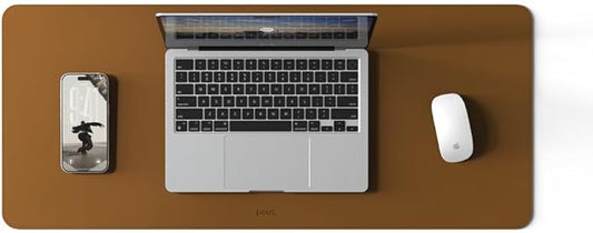 POUT TekDec Mat – Vegan Leather Desk Pad (31.5×13.4in / 80×34cm), Water-Resistant Surface, Anti-Slip Base, Scratch & Heat Protection, Multi-Functional Writing & Mouse Pad – Caramel Tan