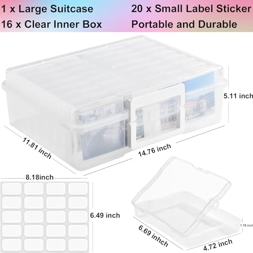 Haundry Photo Storage Box with 16 Inner 4" x 6" Photo Case, Portable Storage Organizer with Handle Craft Keeper for Picture, Stickers, Stamps, Screws, Hair Clips, Clear