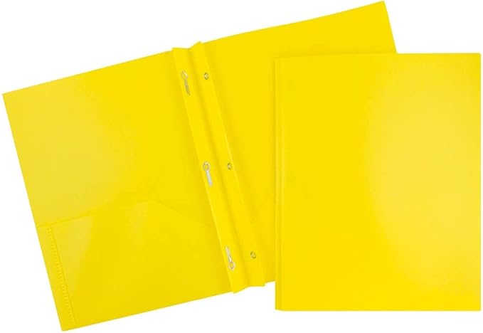 JAM PAPER Plastic Color POP Folders - 2 Pocket Durable Folders with Metal Prongs Fastener Clasps - Yellow - 6/Pack