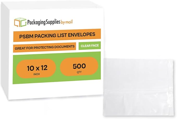 PSBM 500 PCS 10 x 12 Inch Clear Blank Packing List Envelopes, Shipping Documents Pouches/Sleeves for Mailing Labels, Invoices, Documents and Packing Slips