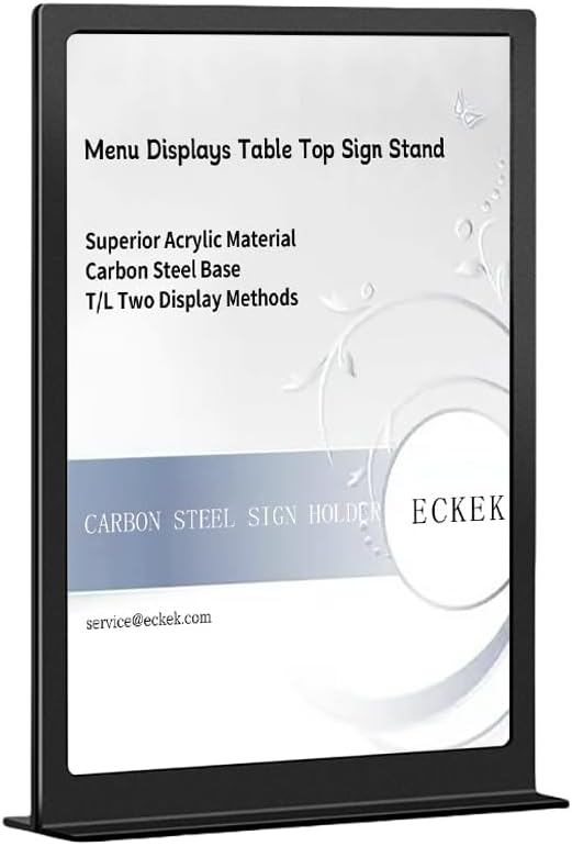 ECKEK Carbon Steel Sign Holder, Menu Displays Double Sided, Table Top Sign Stand (T Shape Black A5 148×210mm/ 5.83×8.27 inches)