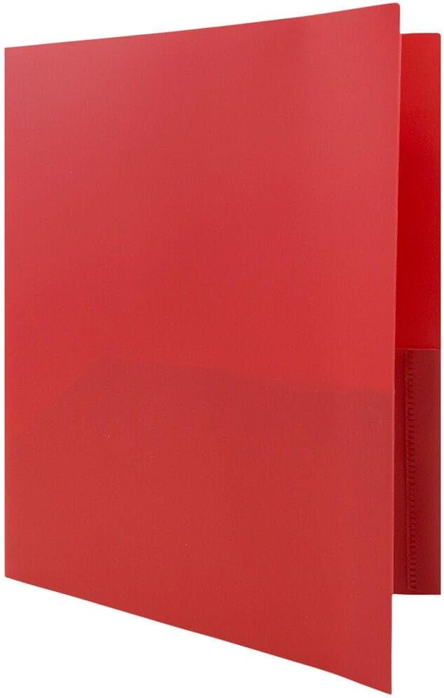 JAM PAPER Plastic 2 Pocket POP Folders - Durable School Folders with Metal Prongs Fastener Clasps - Red - Bulk 48/Pack