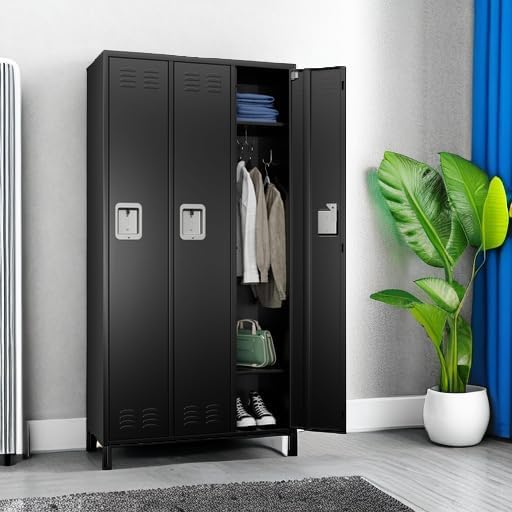 SUPEER 3 Doors Metal Lockers for Employees with Lock, Metal Locker with 9 Hooks for School Garage Office Gym Home,Assembly Required,Black