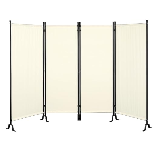Proman Products - Galaxy 4 Panel Section Privacy Folding Screen Divider, Water Repellent Fabric Room Divider with Black Powder Coated Metal Frame for Indoors or Outdoors (Beige)