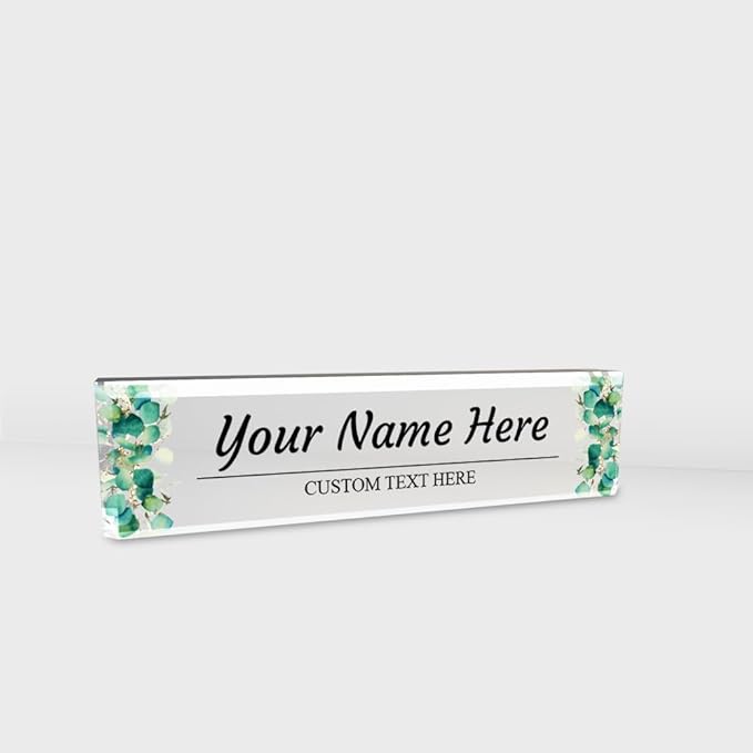 Signs ByLITA Floral Pattern Customized Nameplate | Eucalyptus Personalized Full Color Acrylic Desk Sign
