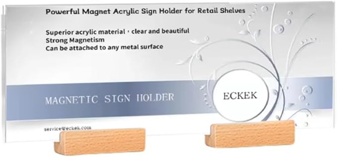 ECKEK Magnetic Sign Holder Grip Holder, Powerful Magnet, Acrylic Sign Holder for Retail Shelves Display Store Vendor Event Warehouse and Shop Supplies (Wood Base 400*150mm/15.75*5.91inches)