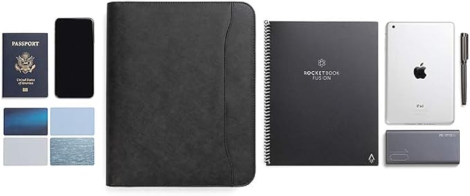 Forevermore Portfolios Padfolio Binder - Professional Faux Leather Travel Organizer Pouch for Tablet, Documents, Presentation Folders, Zipper Closure, Removable 3-Ring Notepad - Black