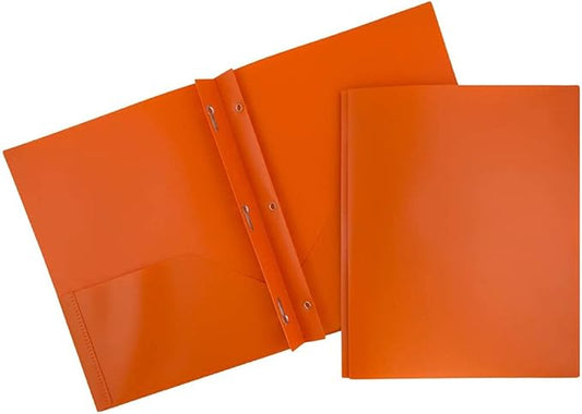 JAM PAPER Plastic Color POP Folders - 2 Pocket Durable Folders with Metal Prongs Fastener Clasps - Orange - 6/Pack