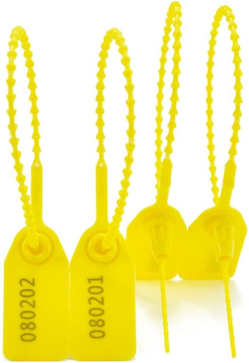 100Pcs Plastic Tamper Shipping Seals Pull-Tite Security Seal Signage Numbered Fire Extinguisher Tags Zip Ties Labels Disposable Self Locking for Logistics, Luggage,Transport (Yellow, 100pcs)