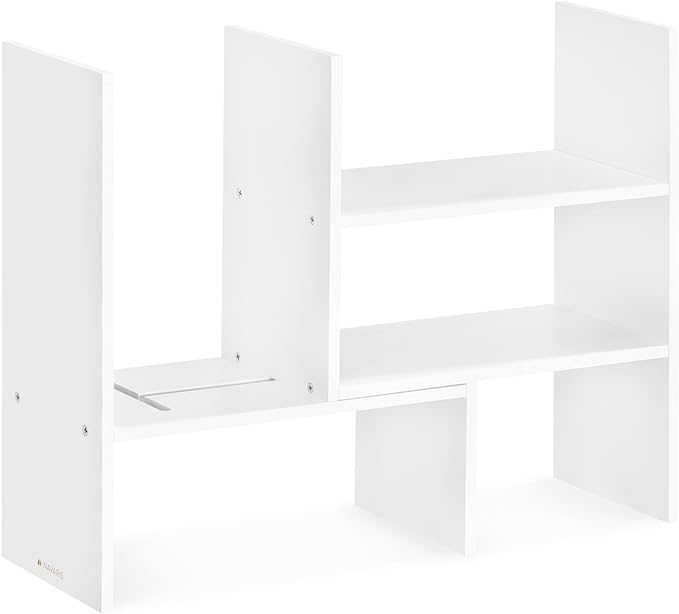 Navaris Desk Organizer Shelf Unit - Desktop Shelves for Table or Countertop - Free-Standing Adjustable Bamboo Shelving for Kitchen or Office - White