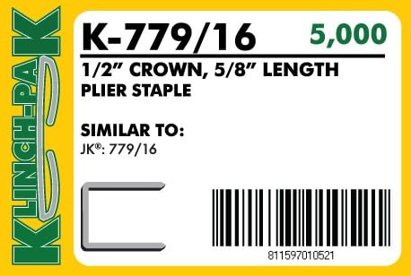 Klinch-Pak K-779/16, 5/8” Leg Length by 1/2" Wide Crown Heavy-Duty Galvanized Plier Staples, 5000 Per Package, Similar to JK779 Staples, for stapling Trays, Lids, Header Cards, Fastening End Caps