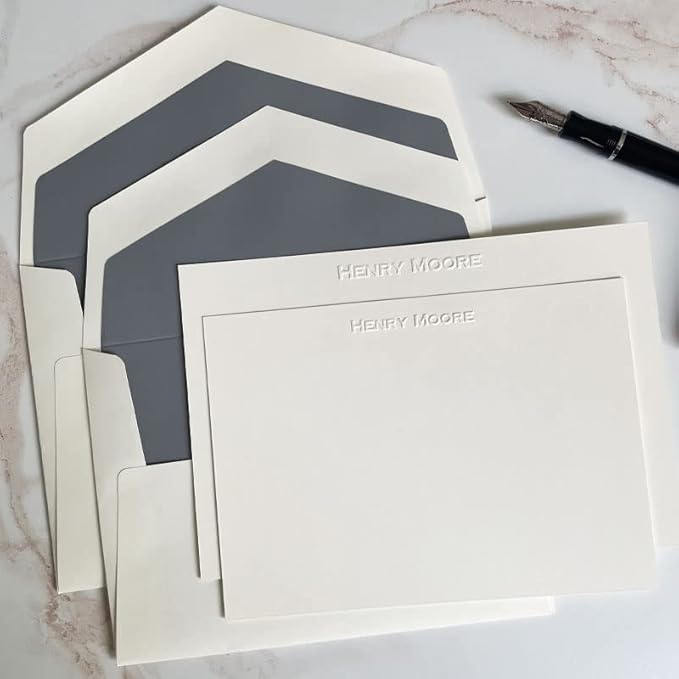 Personalized Embossed Flat Note Cards Set – Custom Blind Embossed Stationery with Envelopes – Premium Embossed Correspondence & Thank You Cards – Made in USA - 100 Pieces (2 Paper Sizes)