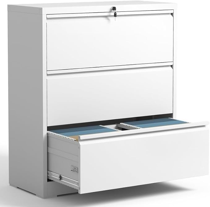 3 Drawer Lateral File Cabinet with Lock, Metal File Cabinets for Home Office, Office Furniture for Organization Hanging Legal/Letter/A4, Metal Filing Cabinet Storage Cabinet, Require Assembly, White